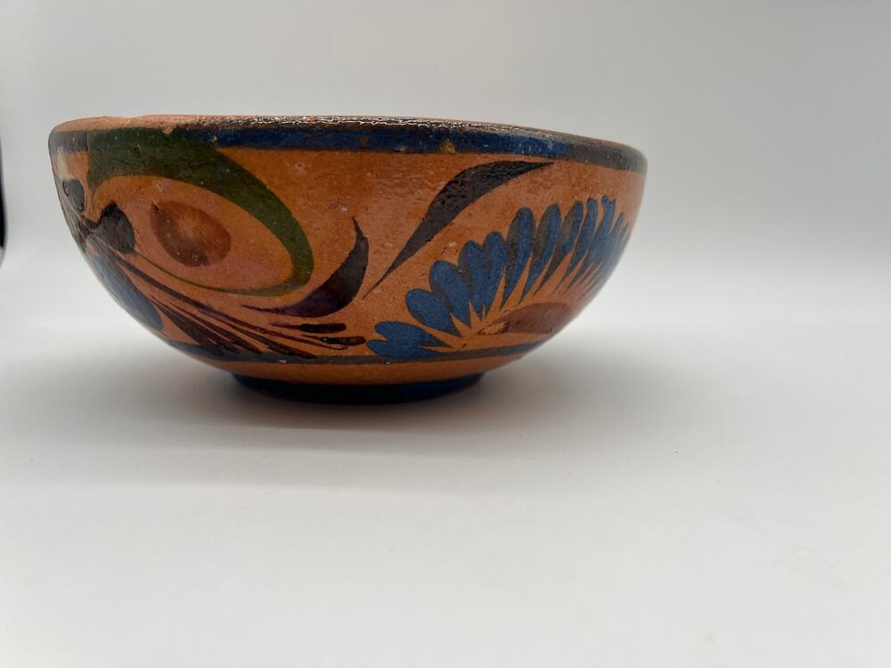 Vintage Mexican Folk Art Pottery Hand Painted Tonala Barro Vidriado Bowl - 8"